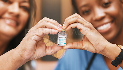 Buy stock photo Covid vaccine, heart and hands of people in nursing home for support of medical innovation, medicine product and vial bottle. Corona virus vaccination, healthcare and finger shape for patient healing