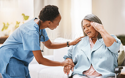 Buy stock photo Nurse, senior woman and headache with rehabilitation, physiotherapy and help with disability. Black woman, healthcare expert and old woman for injury, wellness and physical therapy for helping hand