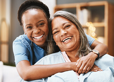 Buy stock photo Senior care, hug and portrait of nurse with patient for medical help, healthcare or physiotherapy. Charity, volunteer caregiver and face of black woman at nursing home for disability rehabilitation