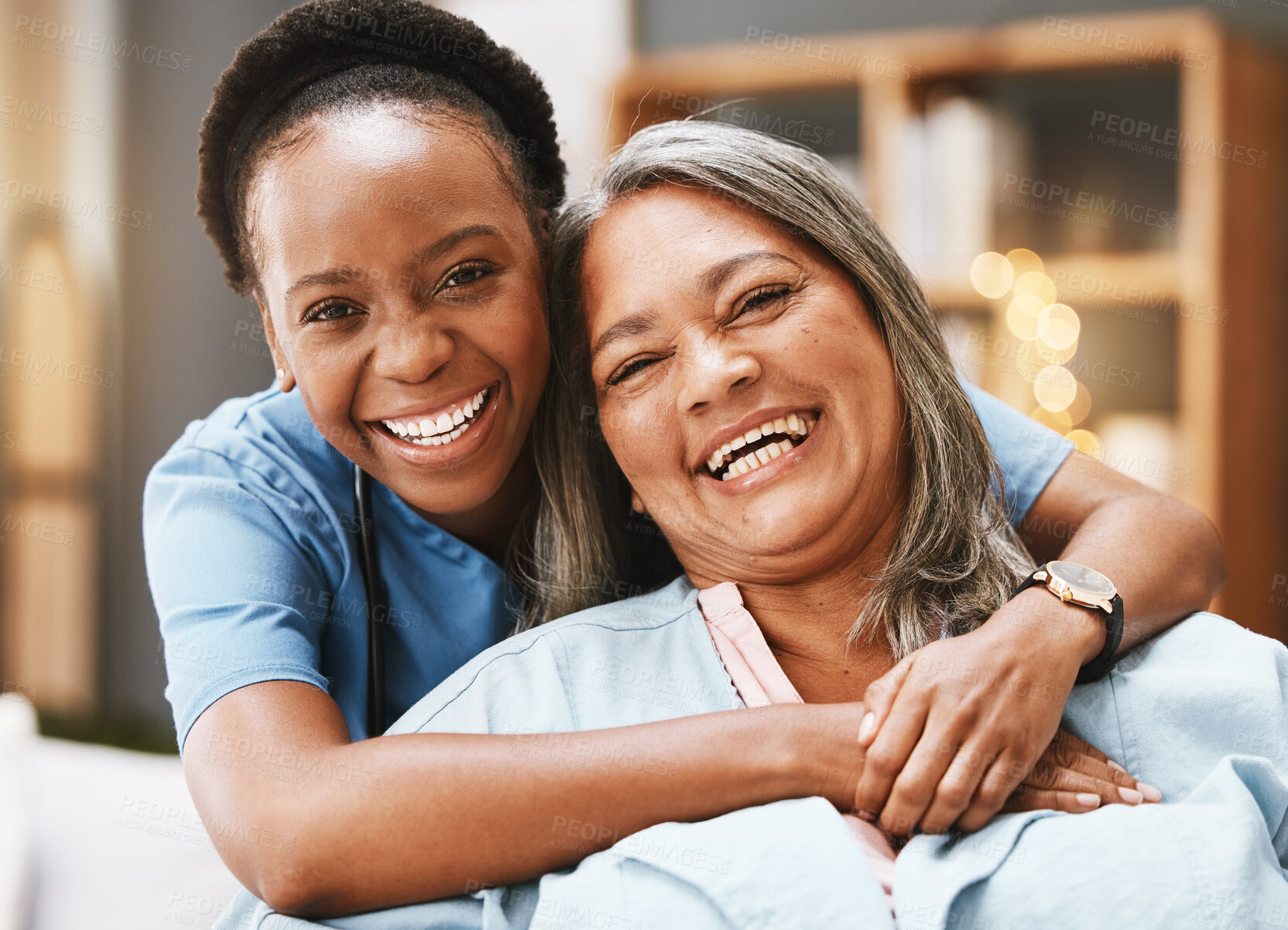 Buy stock photo Senior care, hug and portrait of nurse with patient for medical help, healthcare or physiotherapy. Charity, volunteer caregiver and face of black woman at nursing home for disability rehabilitation