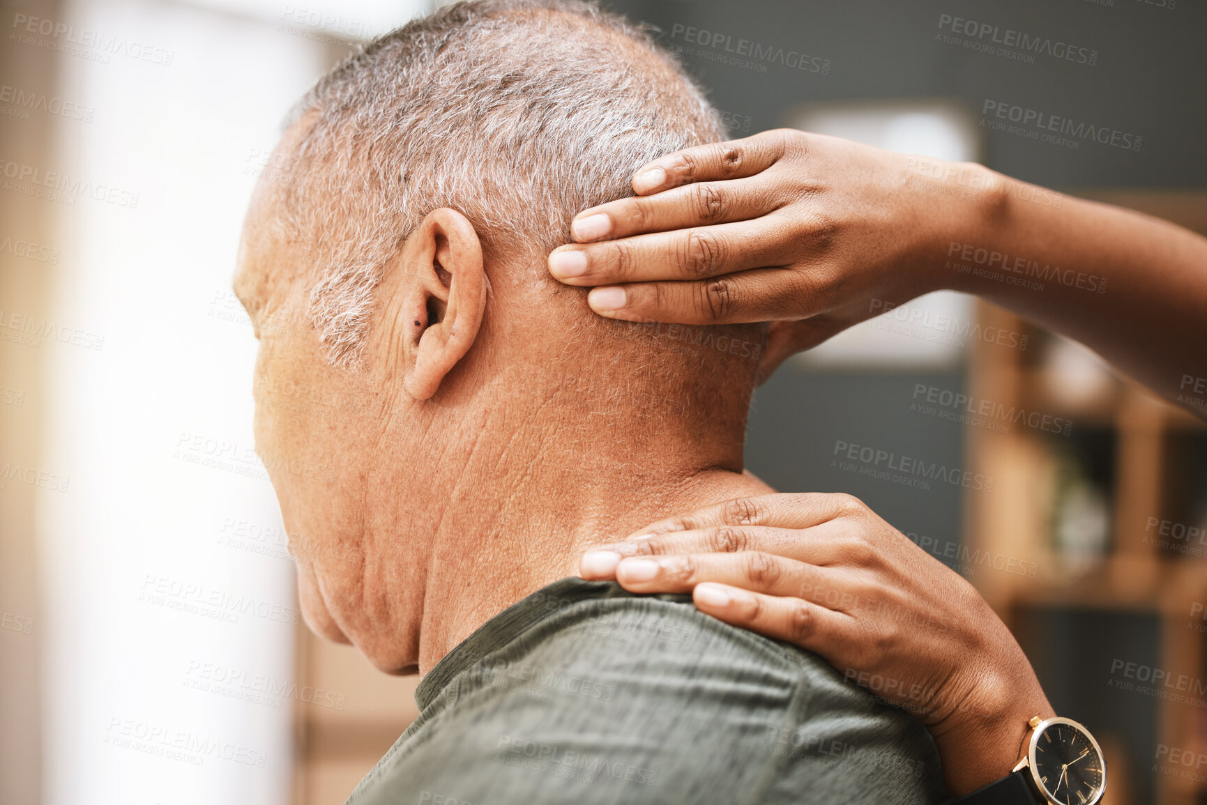 Buy stock photo Physiotherapy, neck pain and senior man with physiotherapist for massage, injury and arthritis. Physical therapy, elderly male and patient consulting chiropractor for joint, muscle and spine relief