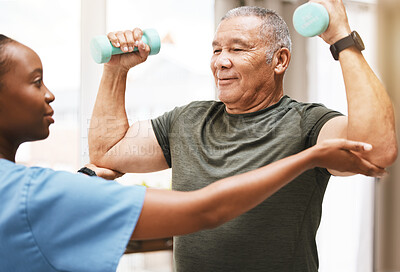 Buy stock photo Medical, training and physiotherapy with dumbbell and old man with nurse for rehabilitation, support and retirement. Healthcare, help and physical therapy with patient and black woman in nursing home