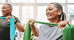 Physiotherapy, stretching band and senior couple with teamwork for muscle wellness, rehabilitation and support together. Elderly black people or friends smile in physical therapy with strong progress