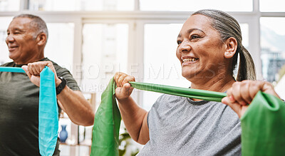 Buy stock photo Physiotherapy, stretching band and senior couple with teamwork for muscle wellness, rehabilitation and support together. Elderly black people or friends smile in physical therapy with strong progress