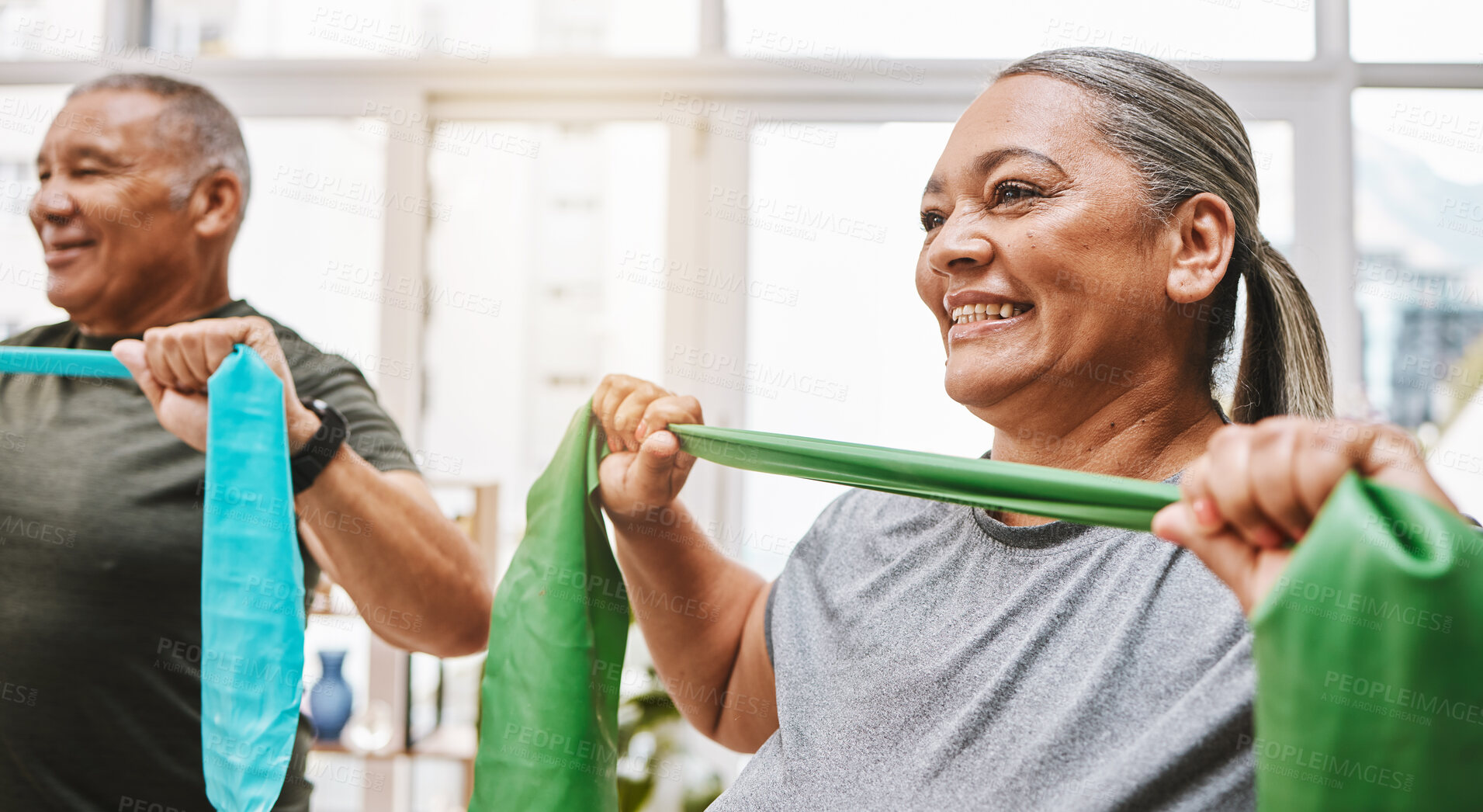 Buy stock photo Physiotherapy, stretching band and senior couple with teamwork for muscle wellness, rehabilitation and support together. Elderly black people or friends smile in physical therapy with strong progress