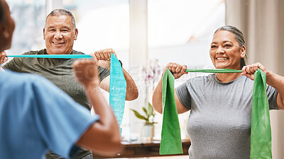 Buy stock photo Physical therapy, stretching and senior couple with nurse teamwork, support and help in rehabilitation together. Elderly black people or friends smile with band in physiotherapy with strong progress