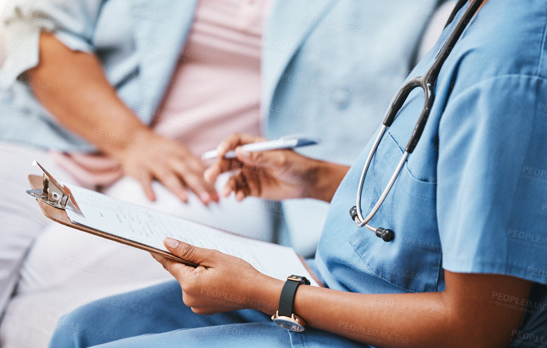 Buy stock photo Clipboard, nurse hands and patient checklist for healthcare questions, research and medical history data. Closeup doctor writing notes, planning and consulting documents for help, trust and medicine