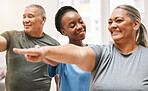 Physiotherapy, nurse and elderly couple with exercise, smile and teamwork goal for health, wellness and home. Physiotherapist, black woman and training with rehabilitation group, workout and happy