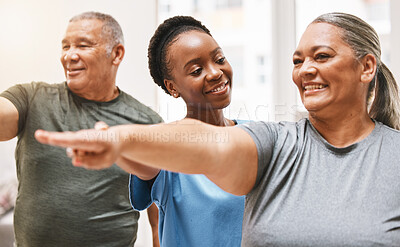 Buy stock photo Physiotherapy, nurse and elderly couple with exercise, smile and teamwork goal for health, wellness and home. Physiotherapist, black woman and training with rehabilitation group, workout and happy