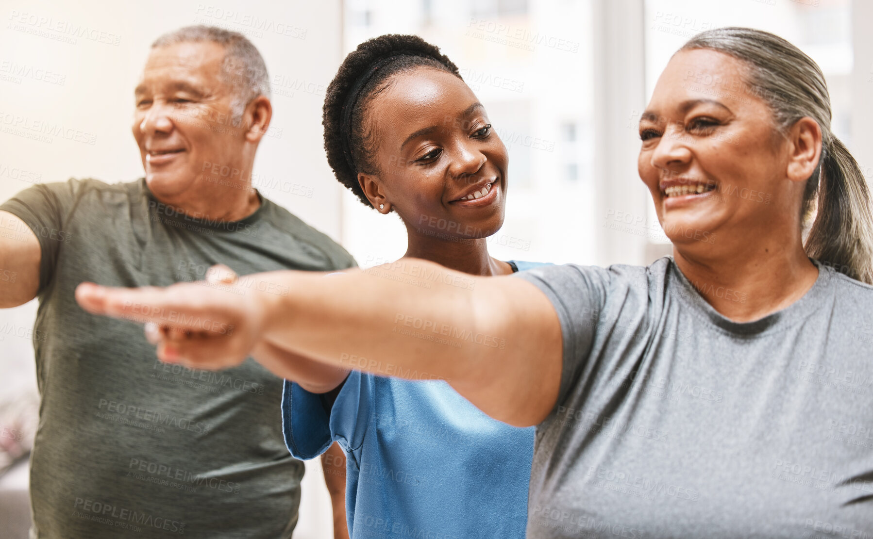 Buy stock photo Physiotherapy, nurse and elderly couple with exercise, smile and teamwork goal for health, wellness and home. Physiotherapist, black woman and training with rehabilitation group, workout and happy