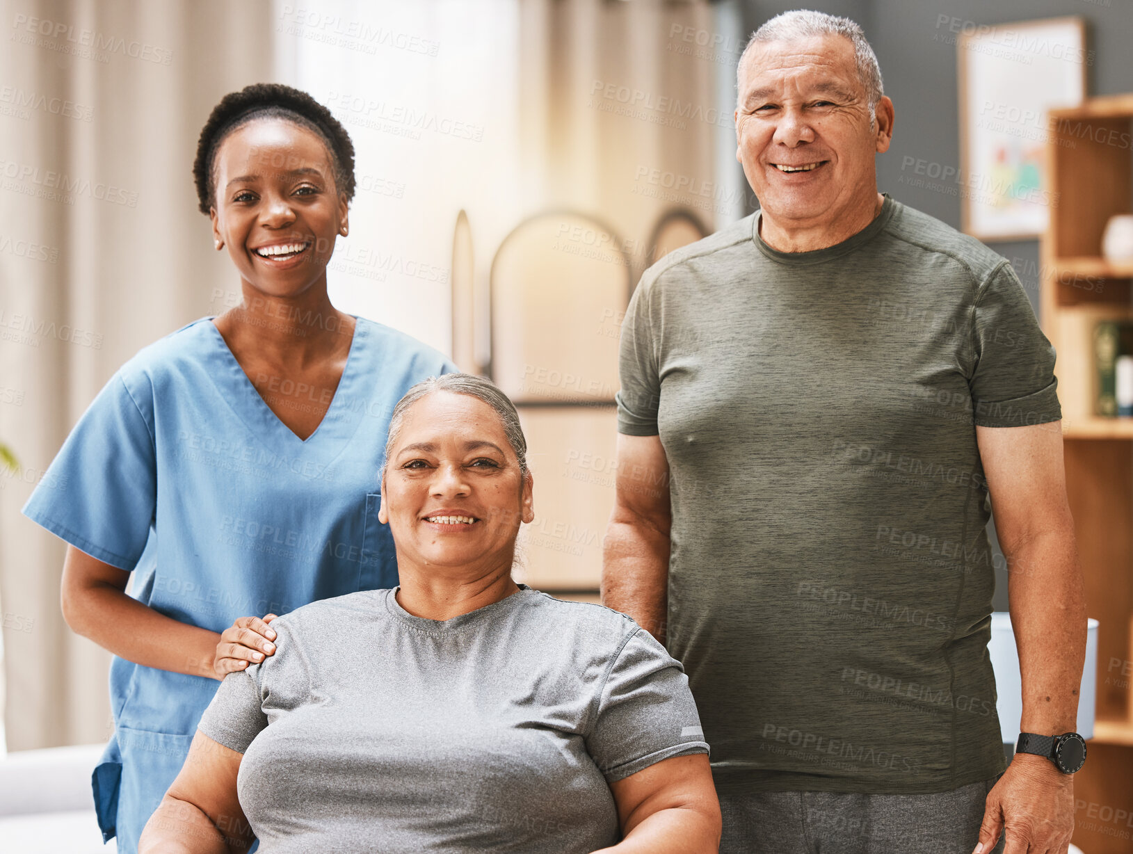 Buy stock photo Healthcare, portrait and caregiver with senior couple for medical support, elderly care and patient rehabilitation.  Disability, charity and African volunteer nurse at nursing home for physiotherapy