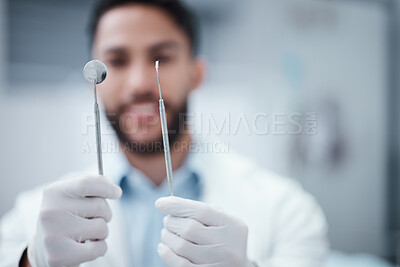 Buy stock photo Mouth mirror, excavator or dentist hands in healthcare wellness checkup, teeth surgery or annual dental maintenance. Zoom, orthodontist or man with metal tools for teeth cleaning exam or hygiene help