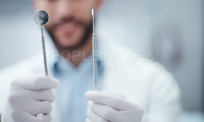 Buy stock photo Hands, dentist mouth mirror and excavator for healthcare wellness checkup, teeth surgery or annual dental maintenance. Zoom, man and orthodontist with metal tools for teeth cleaning or hygiene help