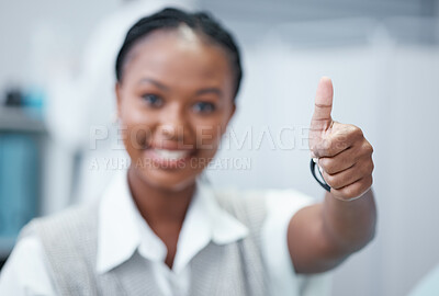Buy stock photo Thumbs up, success and hand of black woman in office for vision, goals and target in workplace. Leadership, corporate company and female entrepreneur happy for business startup, ideas and strategy