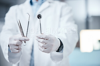 Buy stock photo Dentist hands with tools, teeth and mouth care with cleaning, oral hygienist and surgery for tooth decay. Teeth whitening equipment, metal and medical with oral health and dentistry clinic