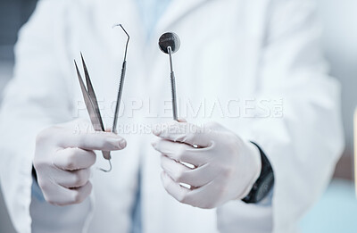 Buy stock photo Dental tools zoom with hands, dentist and teeth health, mouth care with oral hygienist and surgery for tooth. Teeth whitening equipment, metal and medical with oral healthcare and dentistry clinic