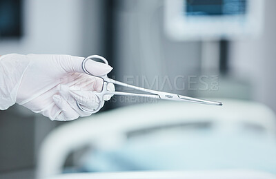 Buy stock photo Hospital scissors, surgery and doctor hand for healthcare tools, innovation and medical insurance, trust and theatre background. Metal equipment, operation and surgeon or nurse working in a theater