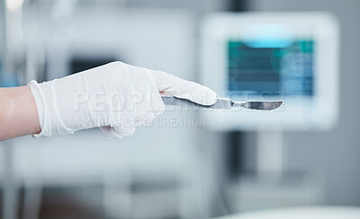 Buy stock photo Scalpel, surgery and doctor hand for medical tools, innovation and hospital healthcare insurance, trust and theatre background. Metal equipment, operation and surgeon or professional in a theater