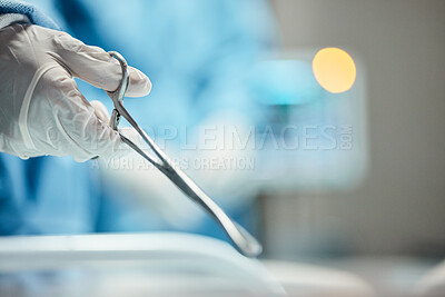 Buy stock photo Hands, surgery or needle holder for stitches, surgical wound closure or thread control in life insurance operation. Zoom, surgeon gloves or medical metal tool in healthcare emergency room or theater