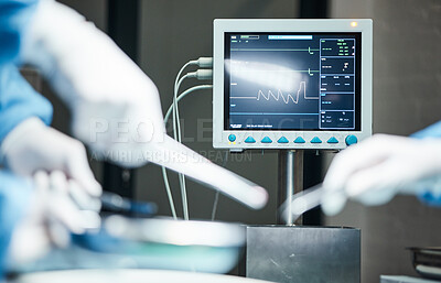 Buy stock photo Electrocardiogram, hands of doctors with scalpel or team for surgery, healthcare or medical support. Zoom, monitor or nurse hand in theater for trust, insurance or surgeon in hospital operation room