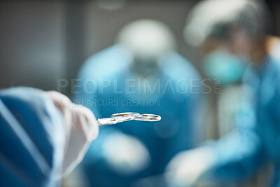 Buy stock photo Hospital tools, surgery and team of doctors in operating room for medical trust, innovation and support with healthcare insurance background. Metal scissors surgeon and nurse helping in a theater