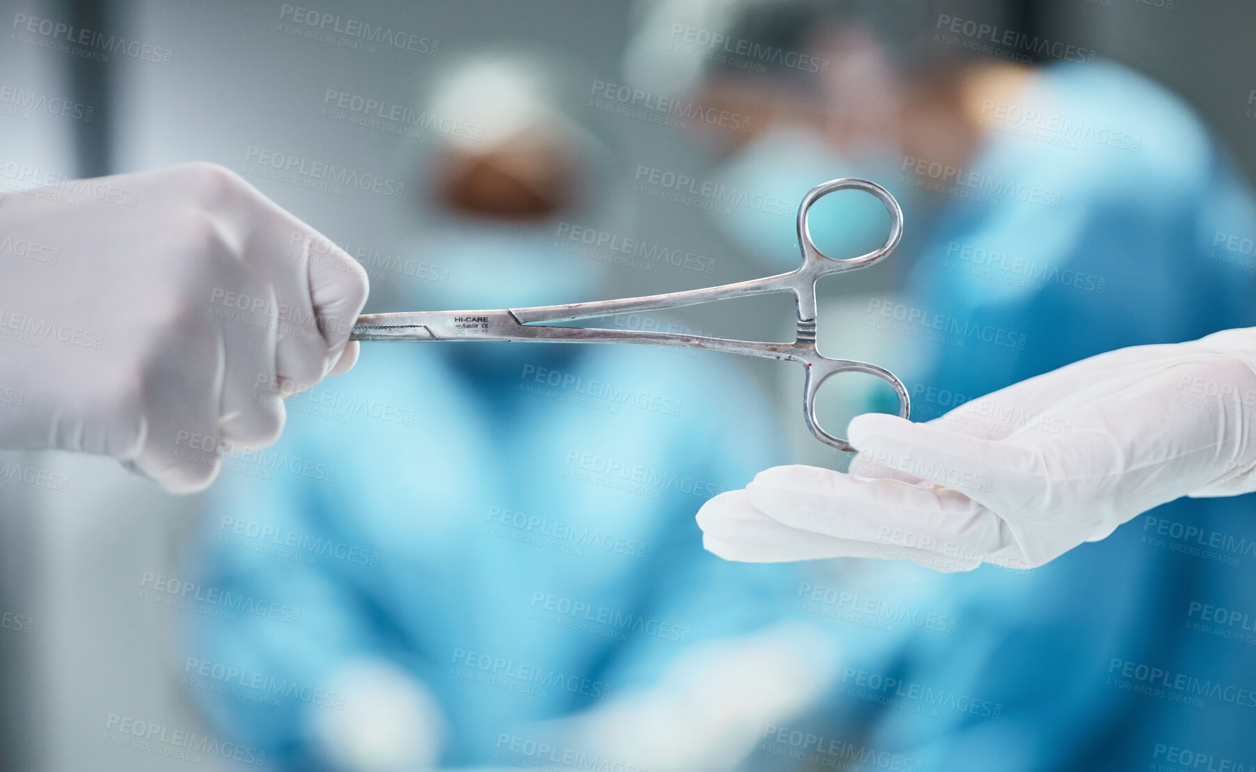 Buy stock photo Hospital, surgery and doctor giving scissors in hands for theatre teamwork, medical trust and support with healthcare insurance background. Metal tools, surgeon and nurse helping in an operating room