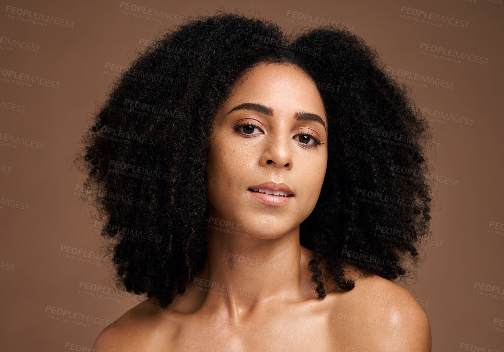 Buy stock photo Face portrait, beauty skincare and black woman in studio isolated on a brown background. Cosmetics, makeup and young female model with glowing, healthy and flawless skin after spa facial treatment.