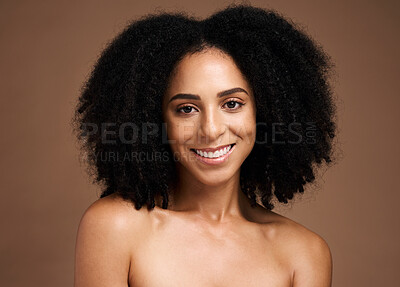 Buy stock photo African hair, afro and portrait of model with clean shampoo hair care, healthy hair and wellness treatment. Spa salon, trichology and happy black woman with skincare glow, face makeup and cosmetics