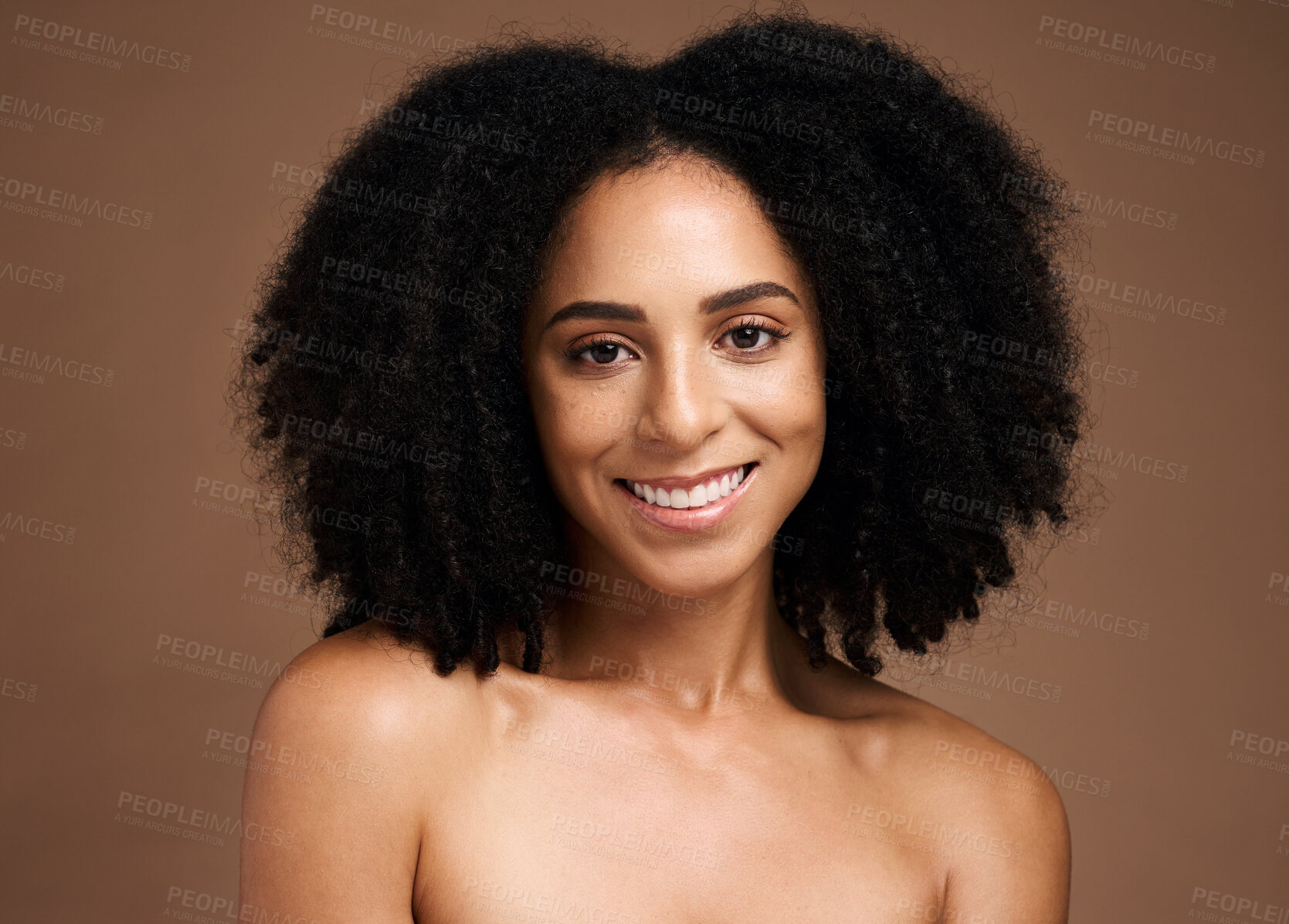 Buy stock photo African hair, afro and portrait of model with clean shampoo hair care, healthy hair and wellness treatment. Spa salon, trichology and happy black woman with skincare glow, face makeup and cosmetics