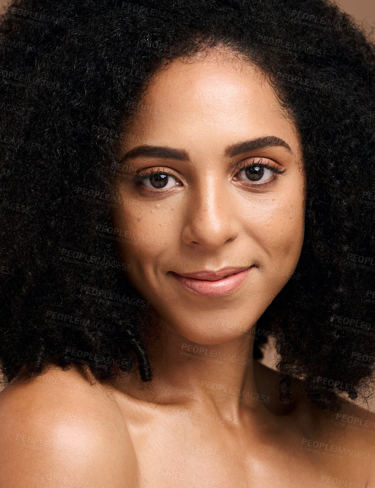 Buy stock photo Black woman, face beauty and skincare portrait with a smile, glow and happiness for clean skin on studio background. Aesthetic model with afro hair and dermatology, cosmetics and makeup results
