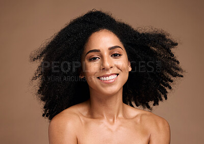 Buy stock photo African woman, smile and portrait for skincare beauty wellness, happiness and facial glow or natural afro hair care in brown background studio. Black model, smile and luxury cosmetics dermatology