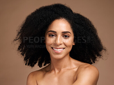 Buy stock photo Hair care, afro beauty and portrait of black woman with clean shampoo hair, cosmetics and happy with skincare glow. Salon spa, healthcare and face of African model with makeup and healthy hair growth