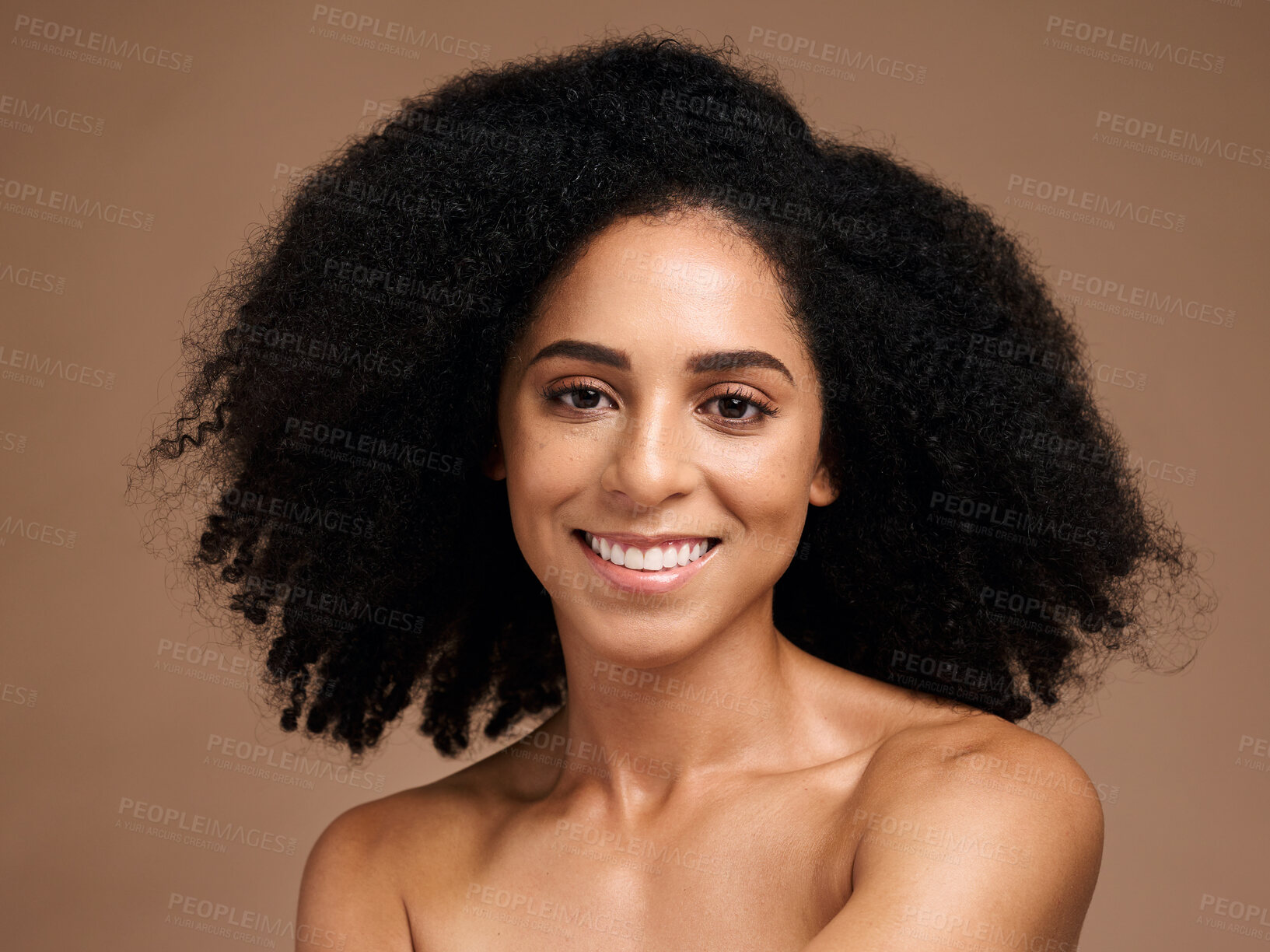 Buy stock photo Hair care, afro beauty and portrait of black woman with clean shampoo hair, cosmetics and happy with skincare glow. Salon spa, healthcare and face of African model with makeup and healthy hair growth