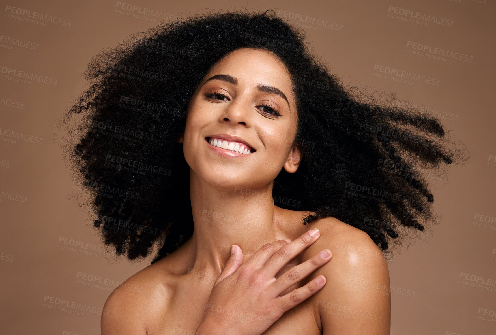 Buy stock photo Black woman, beauty portrait and happiness for skincare wellness, natural afro hair care and cosmetics dermatology in brown background studio. African model, smile and luxury self care body glow