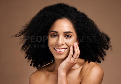 Buy stock photo Black woman, beauty and skincare face portrait with a smile, glow and happiness for clean skin on studio background. Aesthetic model with afro hair and dermatology, cosmetics and makeup facial results
