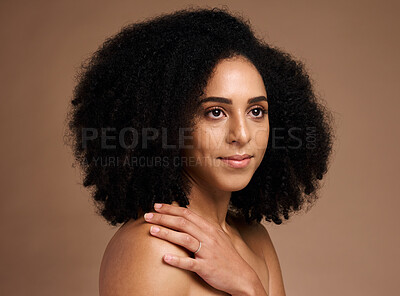 Buy stock photo Black woman, studio and thinking with beauty, makeup and cosmetic wellness with hands, skincare or afro hair. Model, soft skin glow and facial cosmetics, self care or ideas by brown studio background
