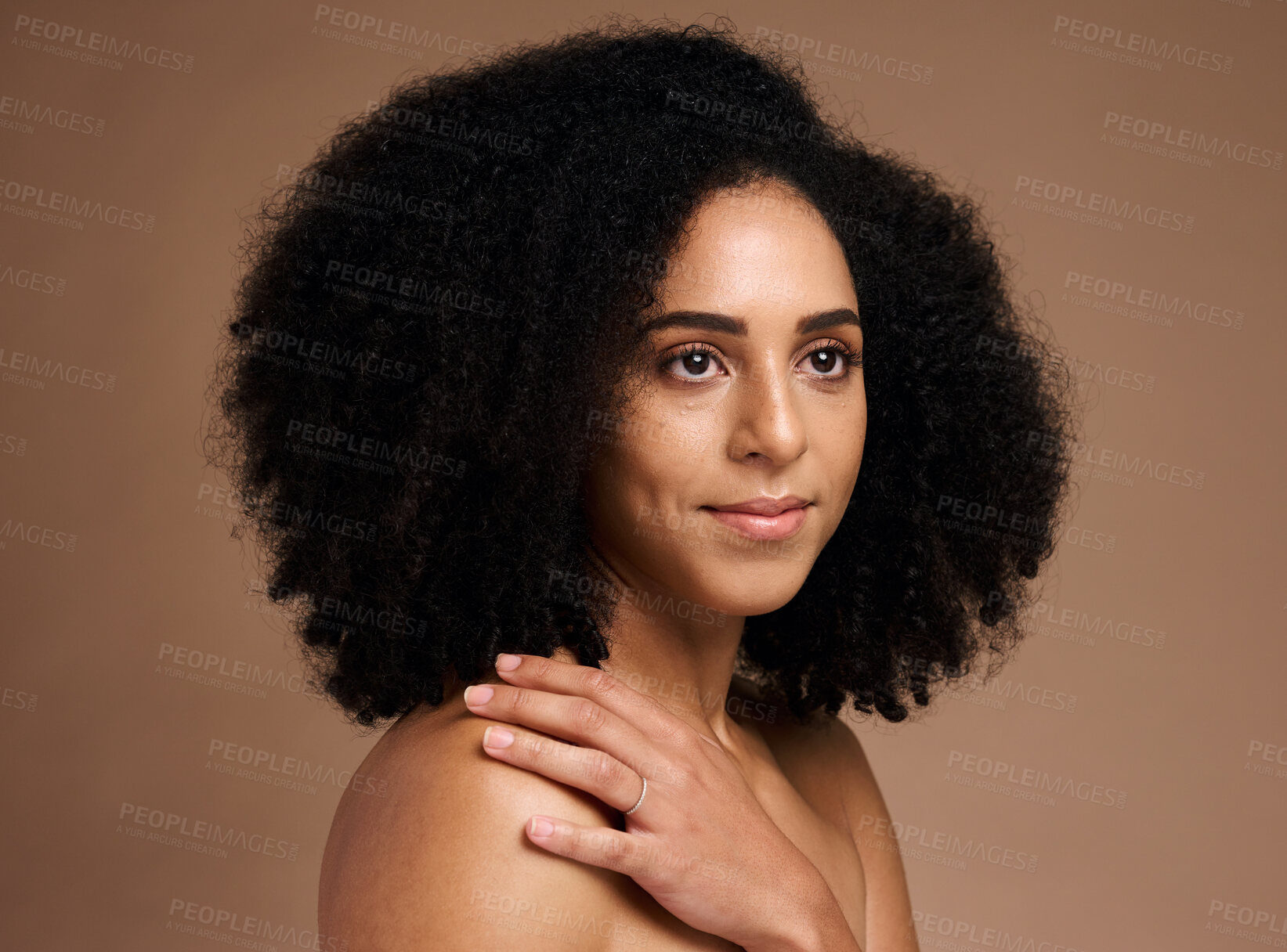 Buy stock photo Black woman, studio and thinking with beauty, makeup and cosmetic wellness with hands, skincare or afro hair. Model, soft skin glow and facial cosmetics, self care or ideas by brown studio background