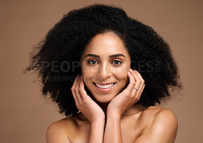 Buy stock photo Black woman, studio portrait and skincare for beauty, makeup and cosmetic health with hands, face or natural hair. Model, smile and facial skin cosmetics, self care or afro by brown studio background