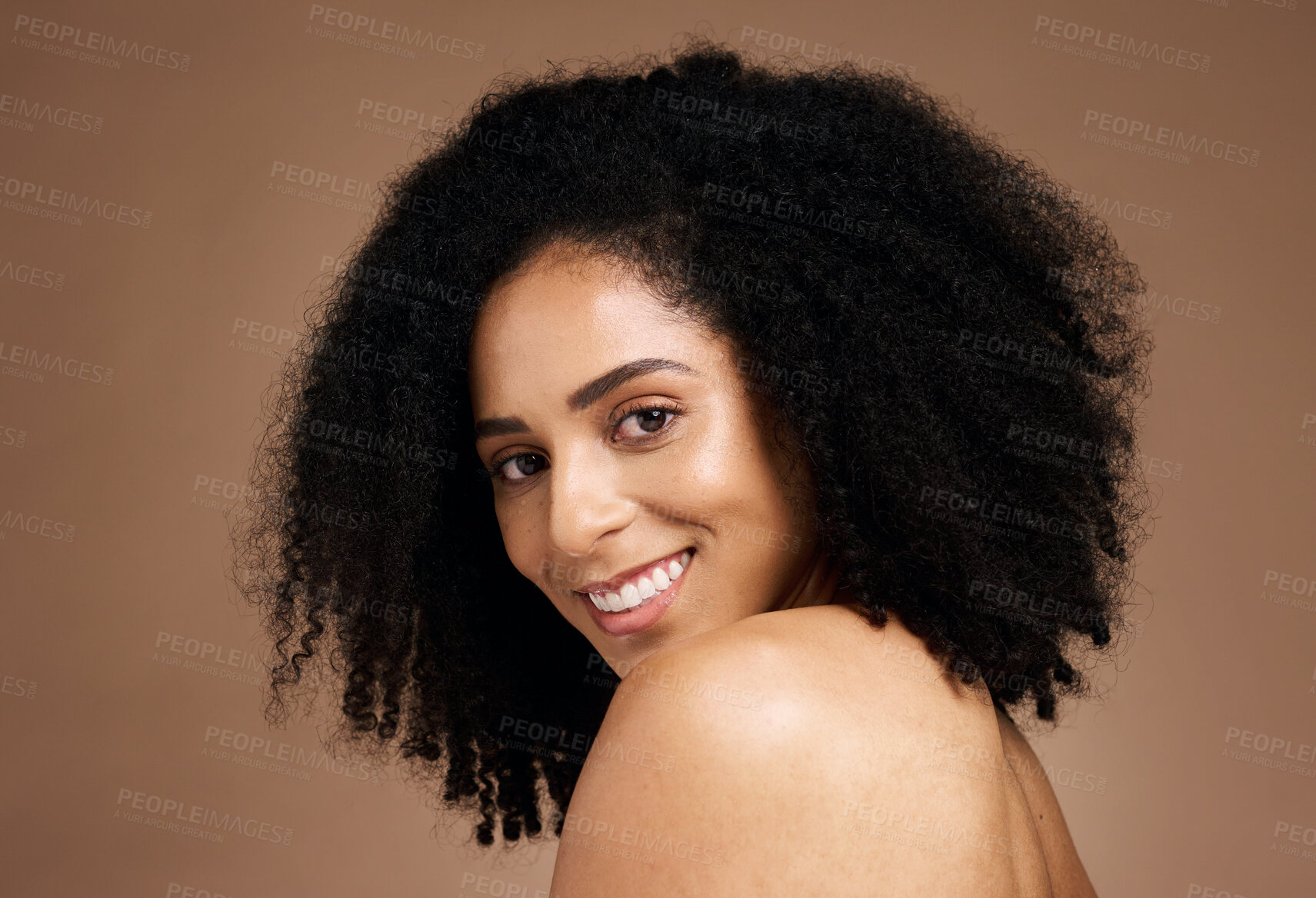Buy stock photo Face portrait, skincare and beauty of black woman in studio isolated on a brown background. Makeup, cosmetics and smile of female model happy with spa facial treatment for healthy skin and wellness.