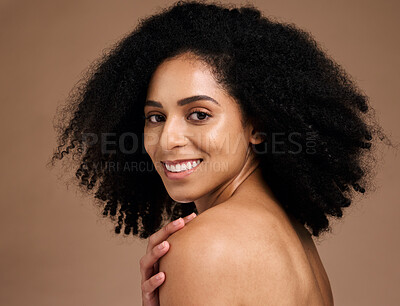 Buy stock photo Happy woman, afro hairstyle and face skincare on studio background in self love hug, healthcare wellness grooming or body dermatology. Portrait, smile or beauty model, natural curly style and makeup