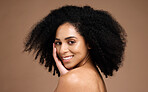 Portrait, beauty skincare and face of black woman in studio isolated on a brown background. Makeup, cosmetics and happy female model satisfied with spa facial treatment for healthy skin and wellness.