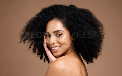 Buy stock photo Portrait, beauty skincare and face of black woman in studio isolated on a brown background. Makeup, cosmetics and happy female model satisfied with spa facial treatment for healthy skin and wellness.