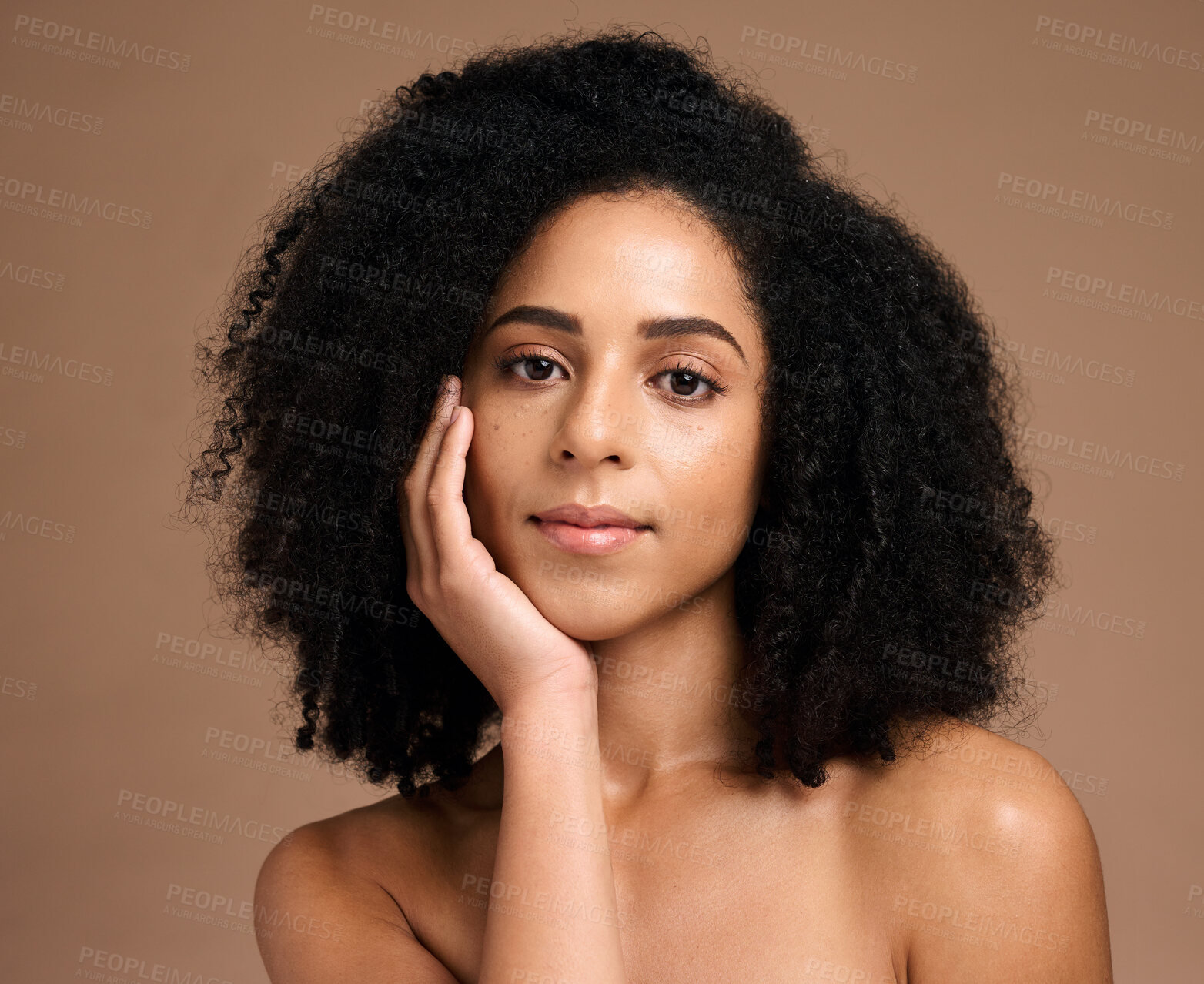 Buy stock photo Beauty, black woman and hair care portrait for luxury hair cosmetics or skincare wellness in brown background studio. Young African model, healthy and natural waves hairstyle or dermatology treatment