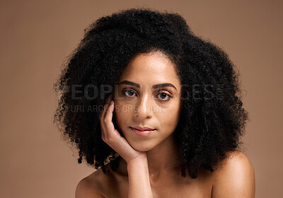 Buy stock photo Black woman portrait, beauty and facial skincare with a natural glow and happiness for clean skin on studio background. Face of aesthetic model with afro hair and dermatology, cosmetics and makeup