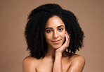 Black woman, smile portrait and skincare beauty wellness, facial care glow and natural cosmetics dermatology in brown background studio. African model, happiness and luxury afro hair care headshot