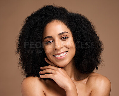 Buy stock photo Skincare, beauty and portrait of black woman on brown background for wellness, healthy and glowing skin. Dermatology, makeup and hands on girl face for cosmetics, beauty products and facial treatment