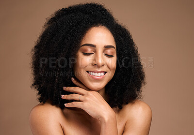 Buy stock photo Hair, afro and face of black woman with skincare glow, natural cosmetics and clean shampoo hair care. Wellness, spa salon and African person with luxury makeup, dermatology treatment and self care
