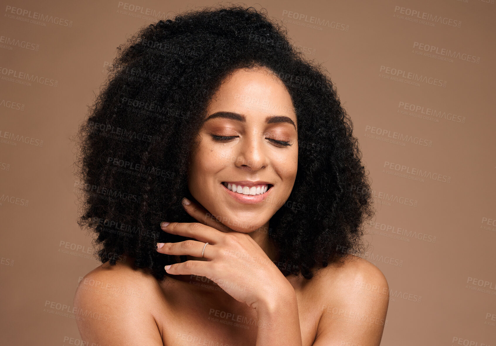 Buy stock photo Hair, afro and face of black woman with skincare glow, natural cosmetics and clean shampoo hair care. Wellness, spa salon and African person with luxury makeup, dermatology treatment and self care