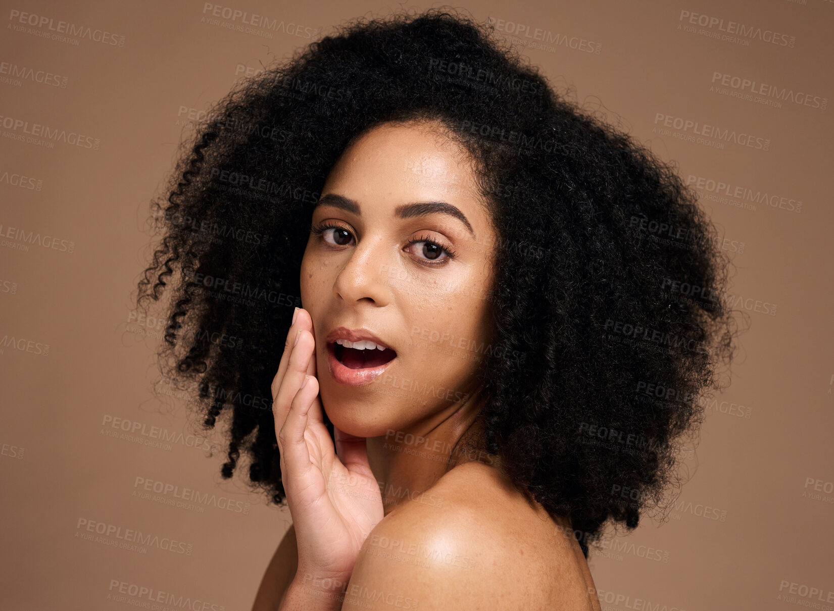 Buy stock photo Face, beauty and black woman with skincare secret in studio on a brown background. Makeup cosmetics, portrait and young female model with glowing, healthy and flawless skin after spa facial treatment