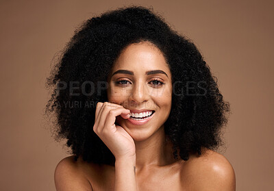 Buy stock photo Skincare, beauty and portrait of black woman in studio for wellness, healthy skin and spa aesthetic. Dermatology, makeup and hands on girl face for cosmetics, beauty products and facial treatment